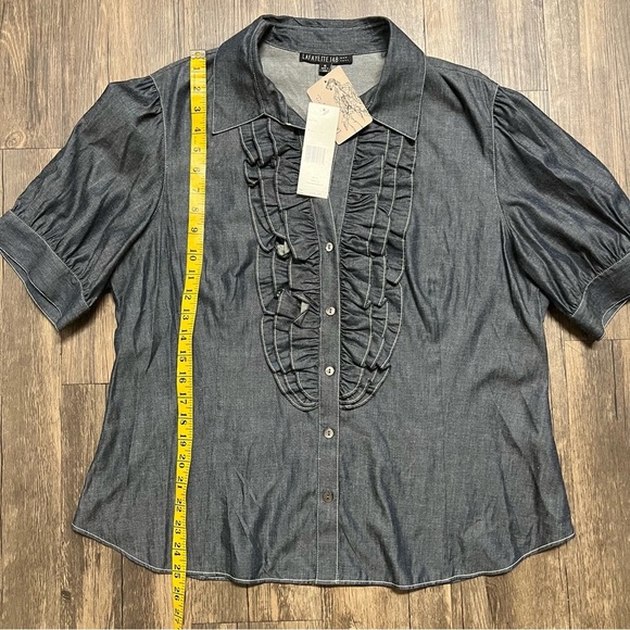 NWT Lafayette 148 Short Sleeves Ruffle Front Button Down Blouse Shirt Gray XL - Picture 10 of 11